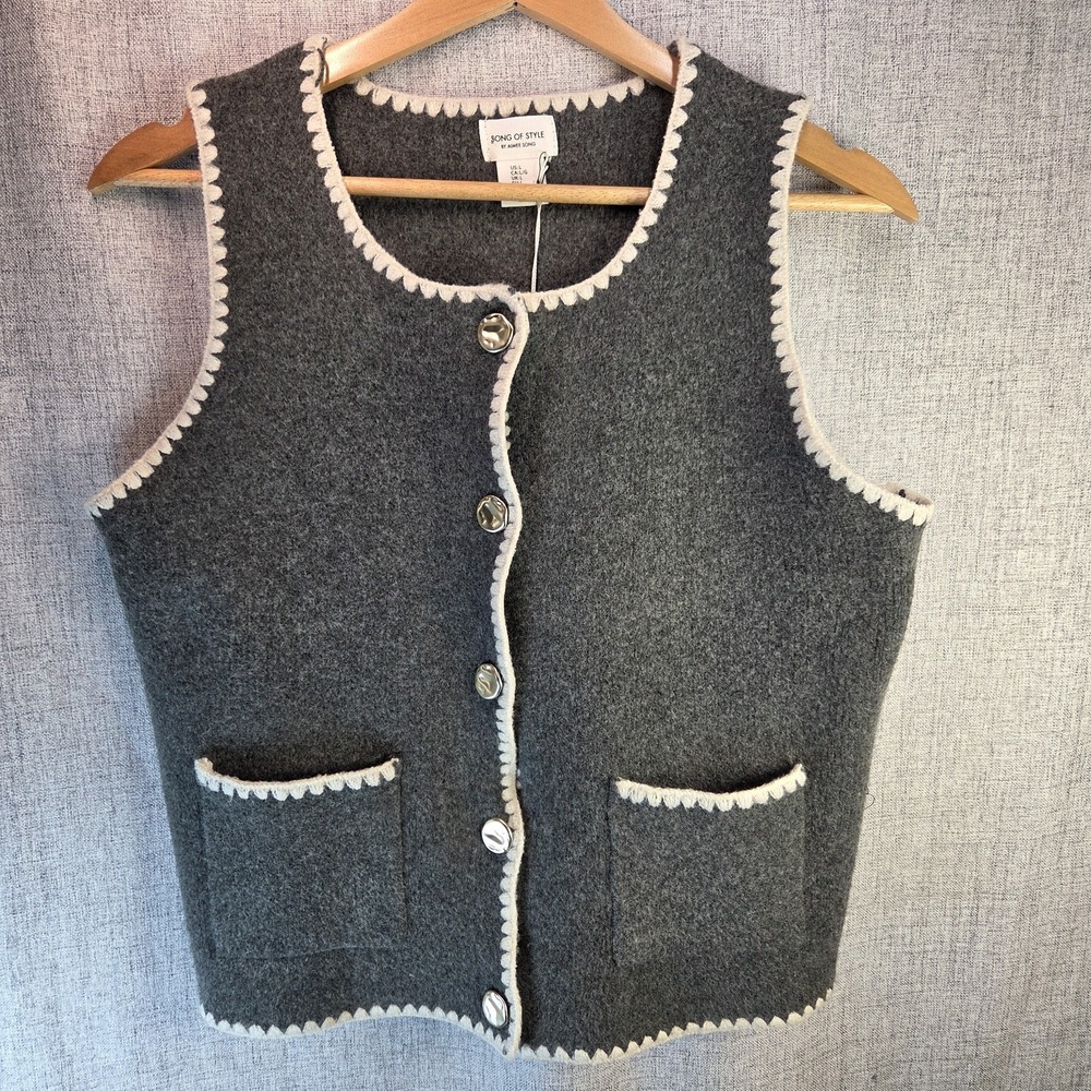 Song of Style Aimee Song Women's Gray Ivory Sweater Vest Large Cottagecore NWT